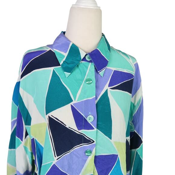 Vintage 90s Diane Von Furstenberg Blue Triangle Geo Silk Blouse Tunic Top L - Picture 2 of 6